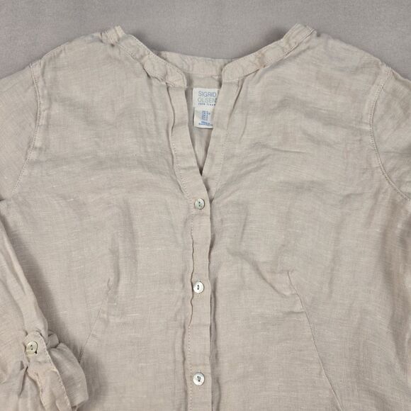 Sigrid Olsen 100% Linen Women's Small Button Front Blouse Tunic Beige 2 Pockets - Picture 3 of 8